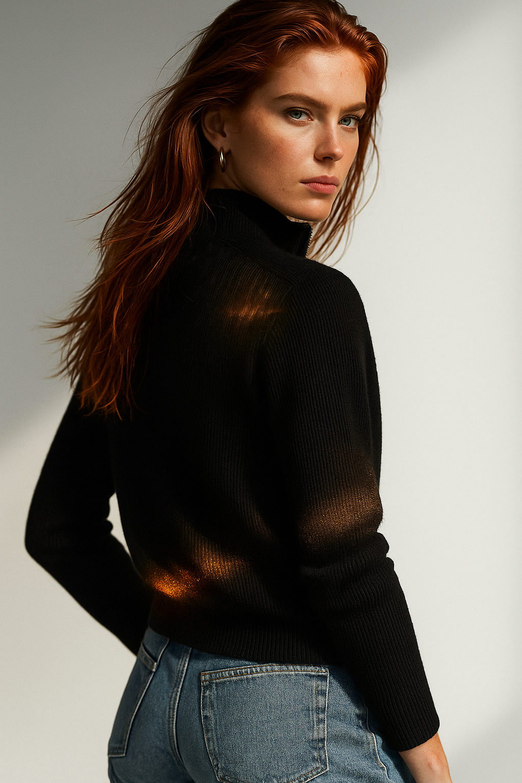 Women’s wool zip-up cardigan by Christine Brewer, stylish jean-inspired design with a front zipper and cozy fit.