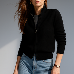 Women’s wool zip-up cardigan by Christine Brewer, stylish jean-inspired knit sweater with a front zipper and cozy fit.