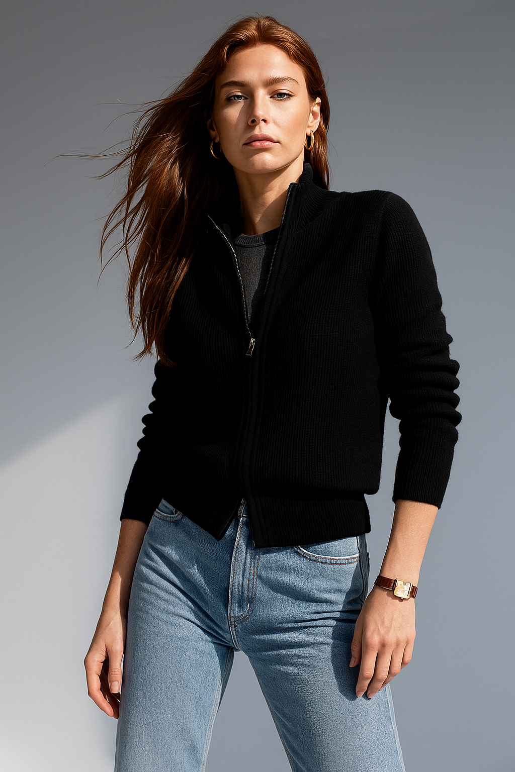 Women’s wool zip-up cardigan by Christine Brewer, stylish jean-inspired knit sweater with a front zipper and cozy fit.