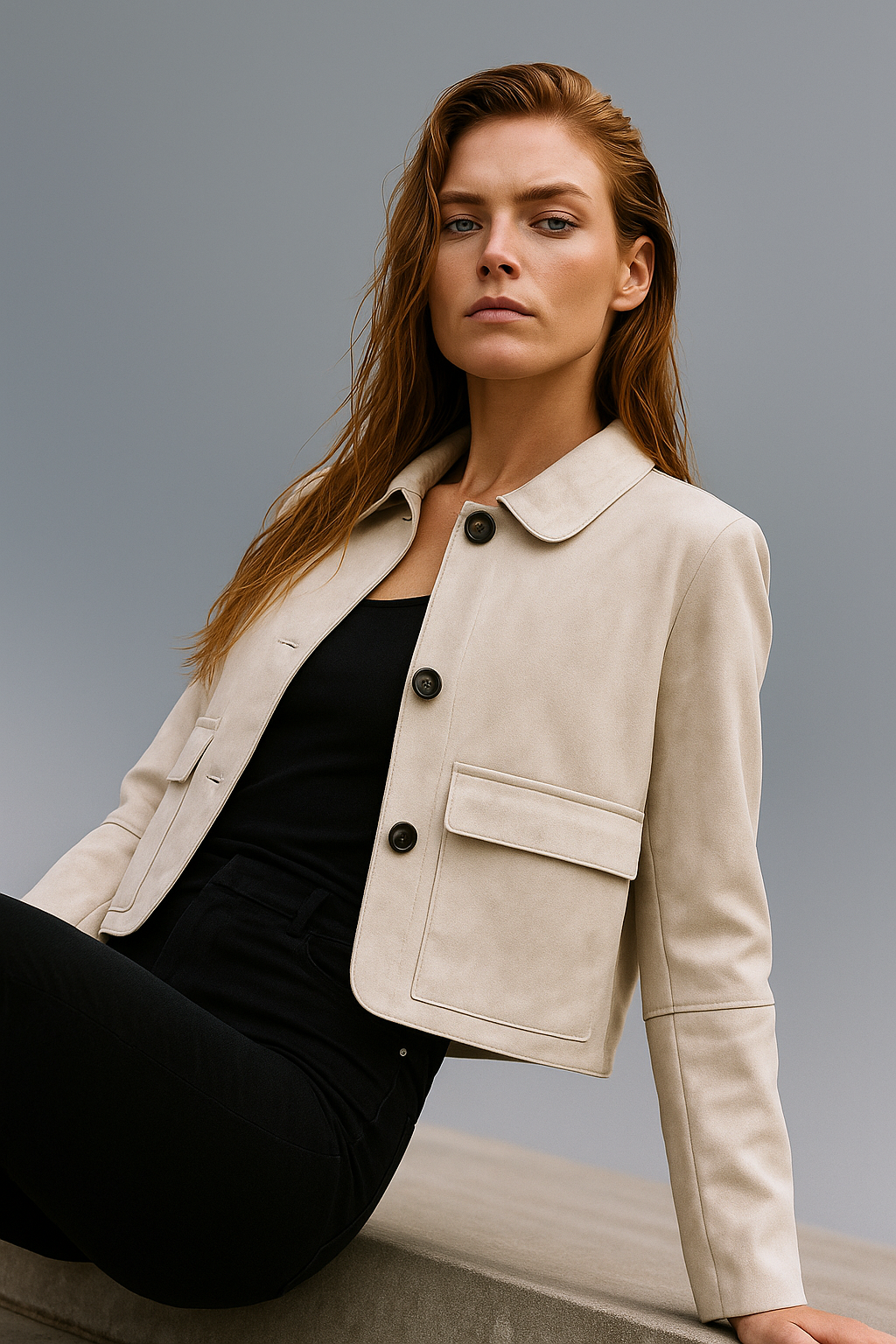 Hazel faux suede cropped jacket for women by Christine Brewer, shown in a Scandinavian-inspired portrait style.