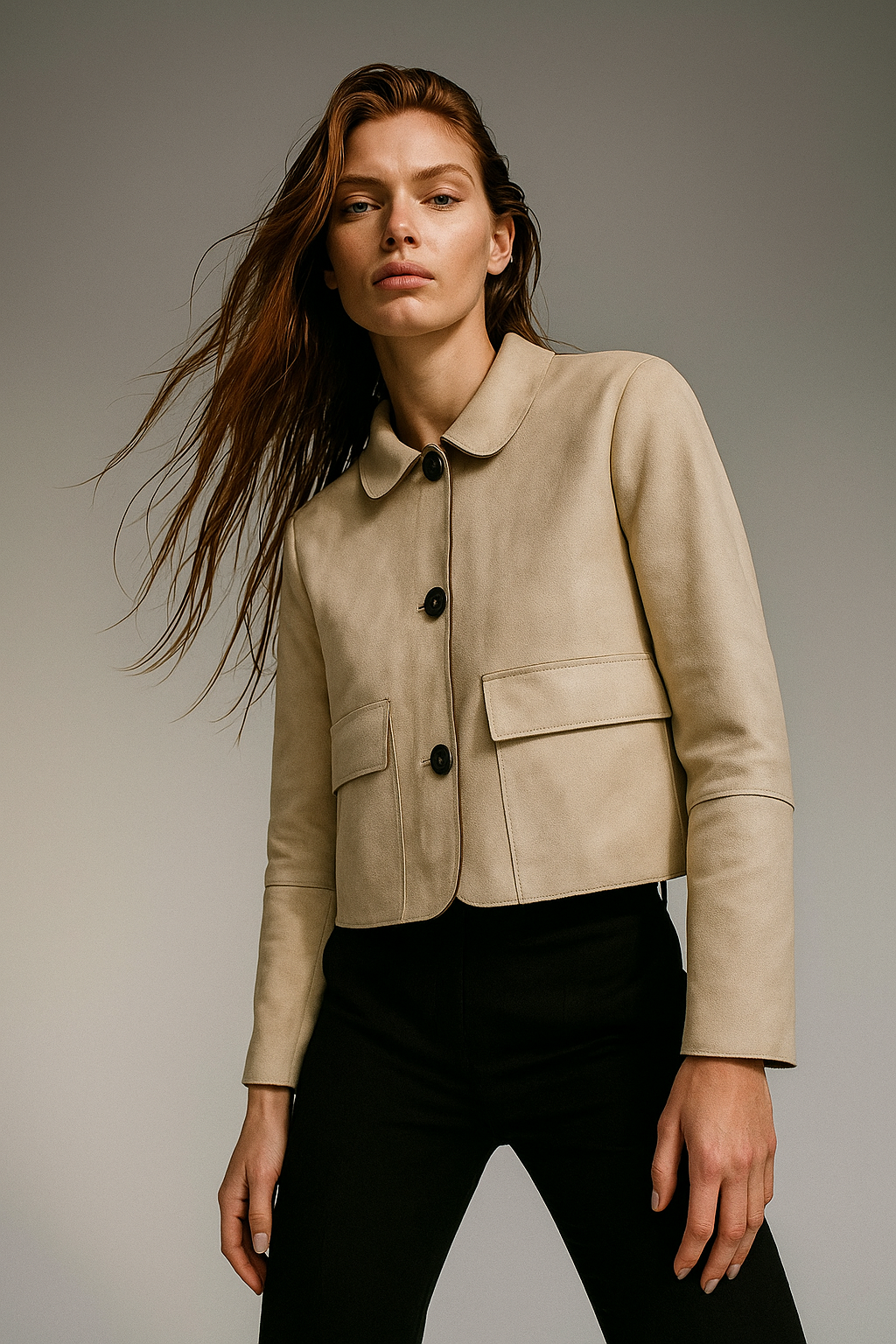 Cream faux suede cropped jacket for women by Christine Brewer, featuring a stylish Hazel design with a textured suede finish.