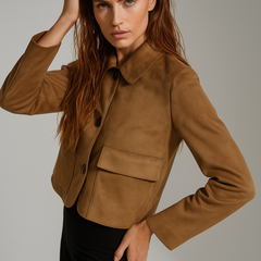 Elegant women’s faux suede cropped jacket by Christine Brewer, featuring a stylish Hazel design with a tailored fit.