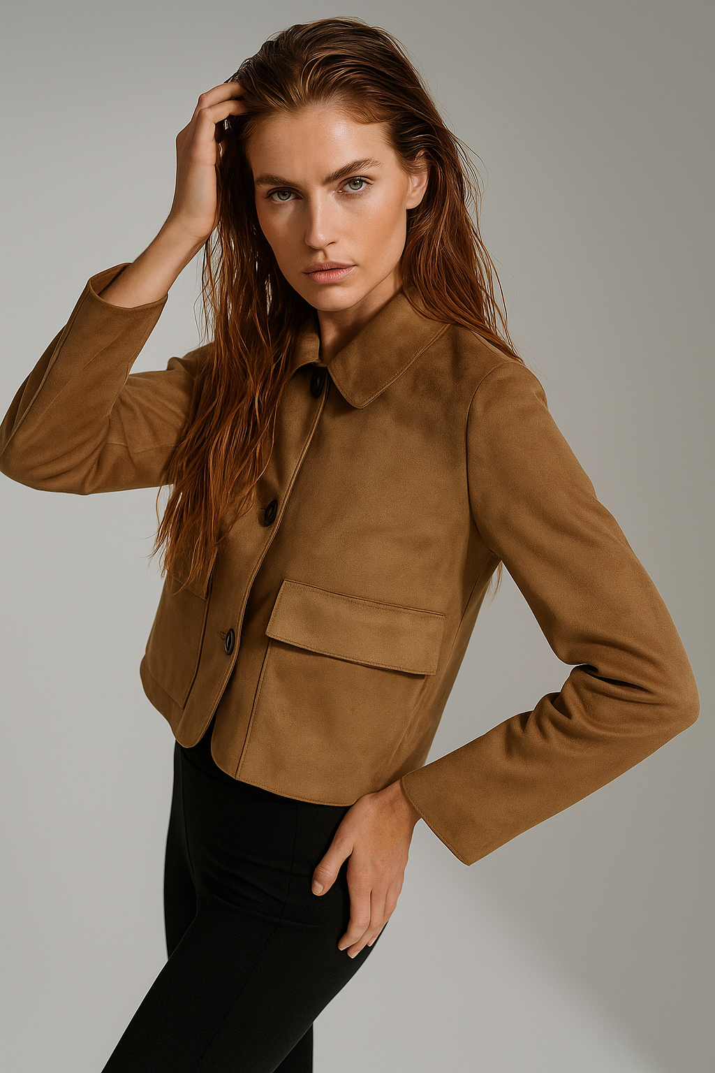 Elegant women’s faux suede cropped jacket by Christine Brewer, featuring a stylish Hazel design with a tailored fit.
