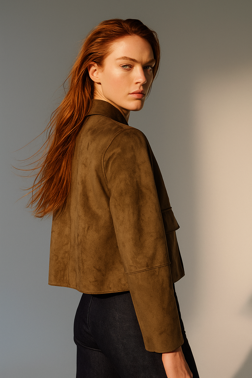 Faux suede cropped jacket for women in hazel color by Christine Brewer, displayed on a hanger, showing the jacket's texture and fit.