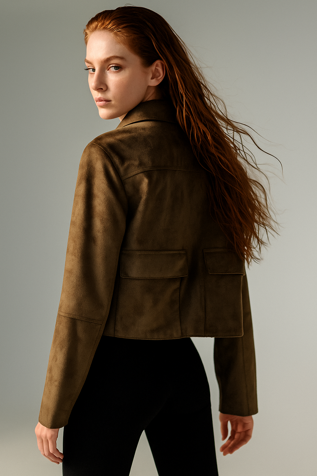 Women's Hazel faux suede cropped jacket by Christine Brewer, shown in a stylish display with front view and textured fabric.