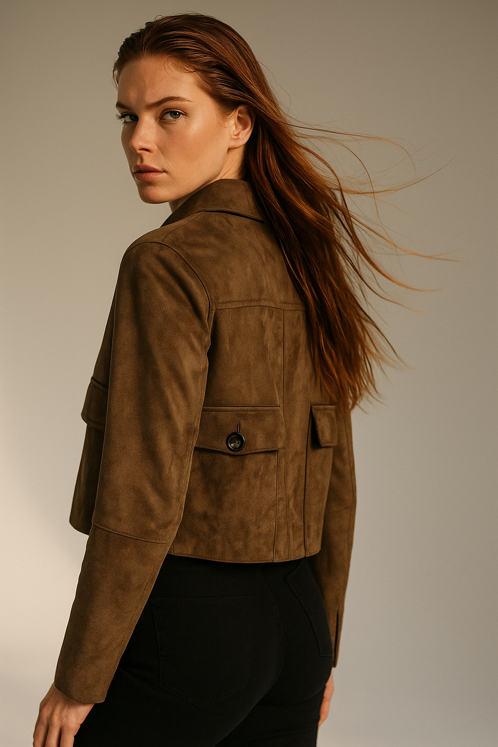 Faux suede cropped jacket for women in hazel color by Christine Brewer, displayed on a hanger with a neutral background.