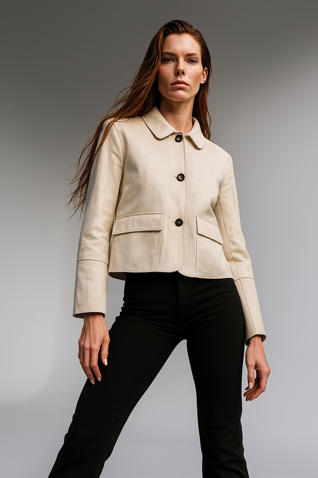 Elegant beige faux suede cropped jacket for women from Christine Brewer, featuring a stylish and modern design.