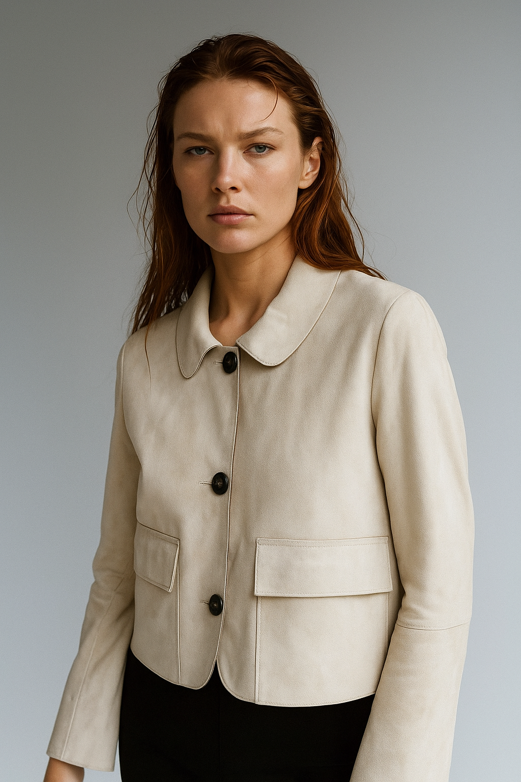 Beige faux suede cropped jacket for women by Christine Brewer, featuring a stylish and modern design.