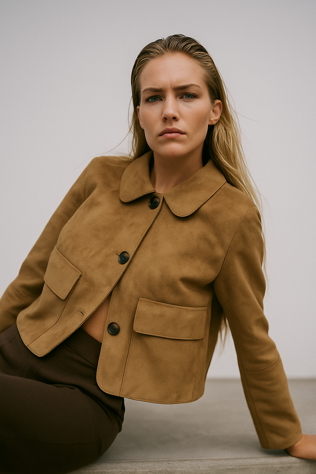 Hazel faux suede cropped jacket for women by Christine Brewer, stylish brown jacket with a fitted design and cropped length.
