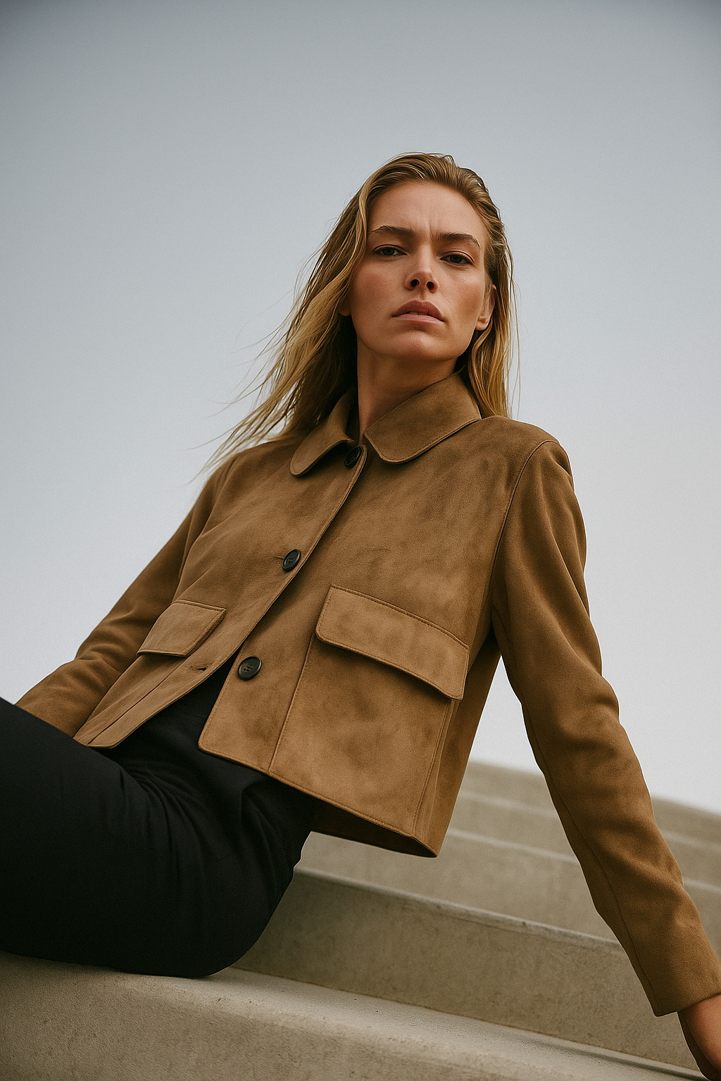 Hazel faux suede cropped jacket for women in stylish brown, featuring a trendy design and tailored fit by Christine Brewer.