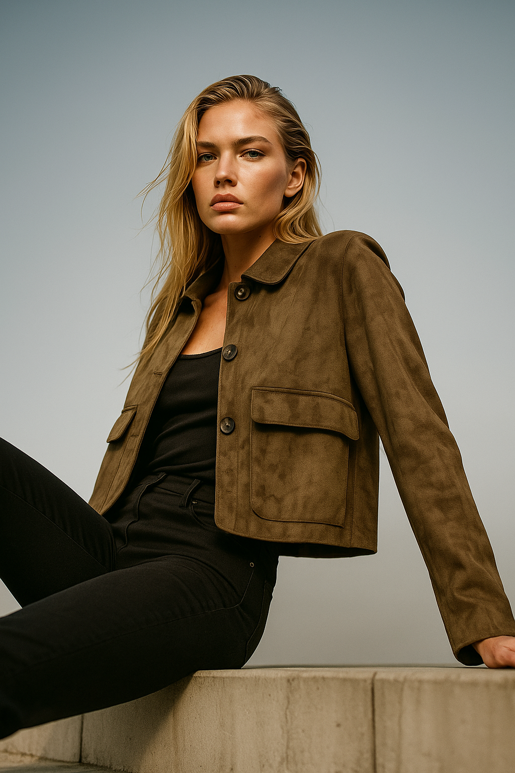 Hazel faux suede cropped jacket for women by Christine Brewer, stylish and versatile with a smooth suede texture.