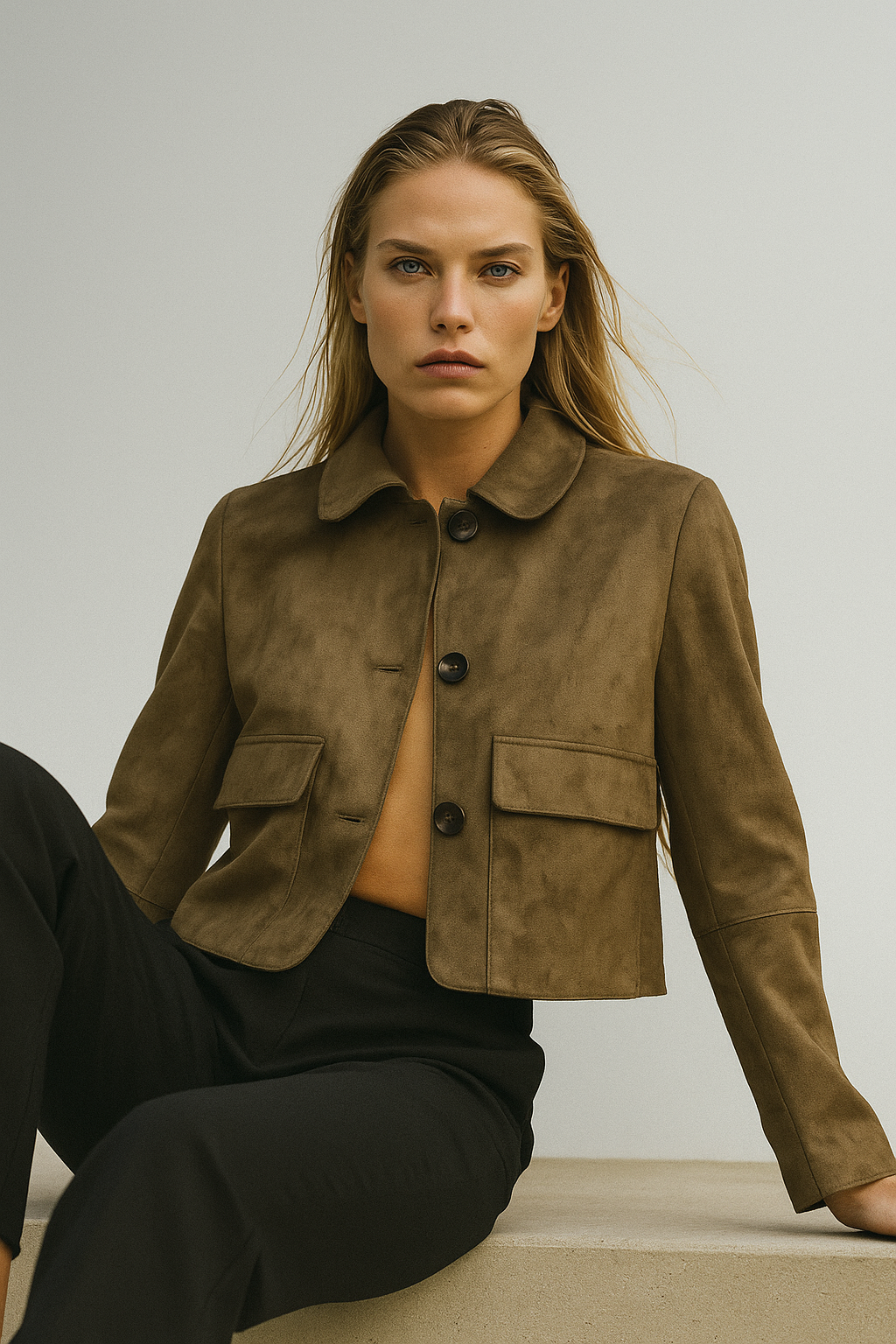 Hazel faux suede cropped jacket for women by Christine Brewer, stylish brown jacket with a modern fit and textured suede finish.