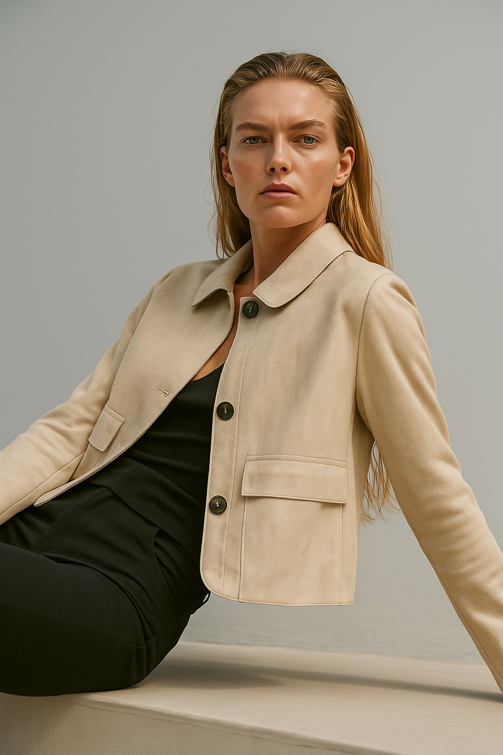 Beige faux suede cropped jacket for women by Christine Brewer, stylish and elegant with a tailored fit and minimal design.