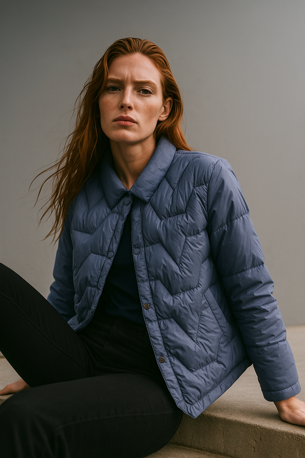 Blue Aurora quilted puffer jacket for women by Christine Brewer, featuring short, insulated design and quilted pattern.