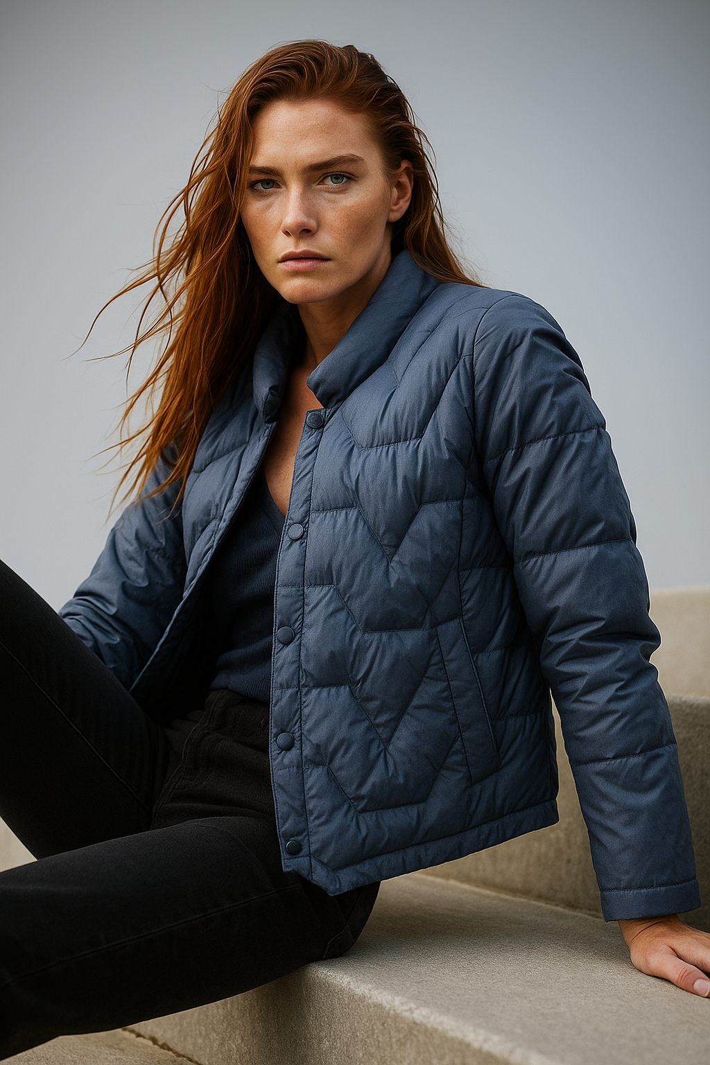 Blue Aurora short quilted puffer jacket for women by Christine Brewer, featuring a stylish, padded design with a stand-up collar.