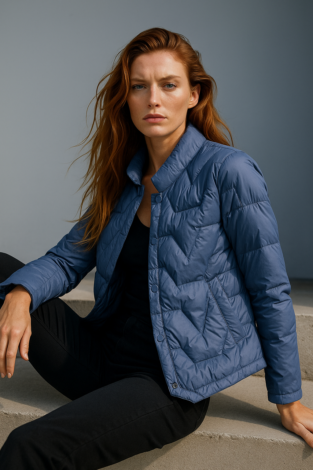 Blue Aurora quilted puffer jacket for women by Christine Brewer, short style with quilted design and puffy insulation.