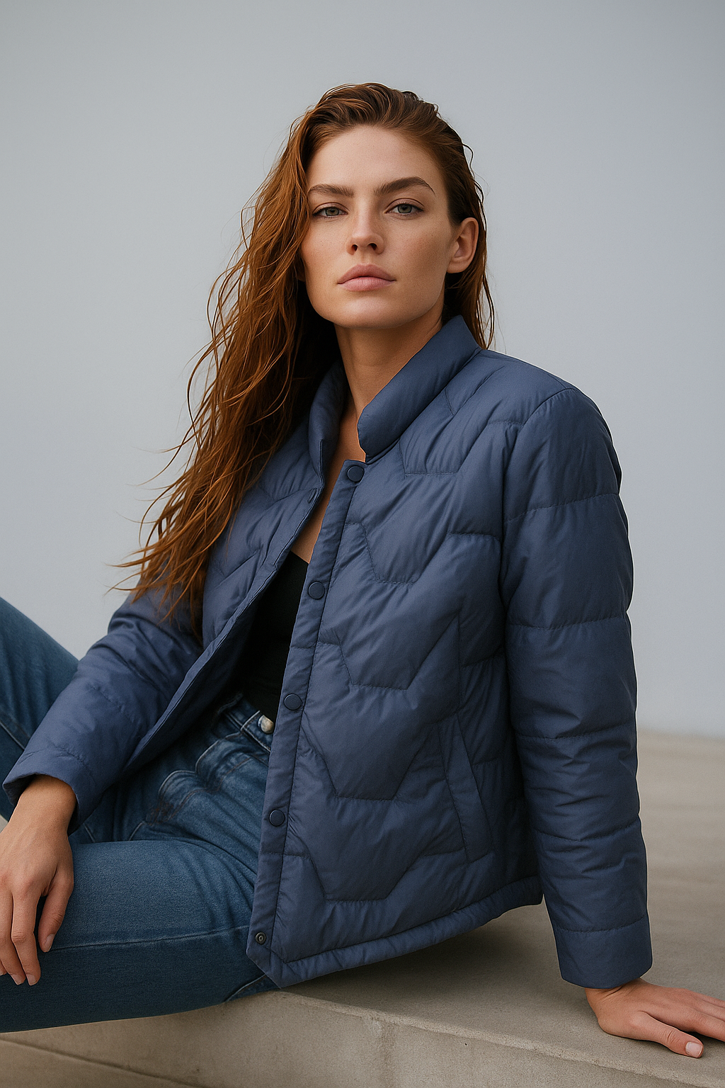 Blue Aurora quilted puffer jacket for women by Christine Brewer, short style with quilted stitching and a warm, padded design.