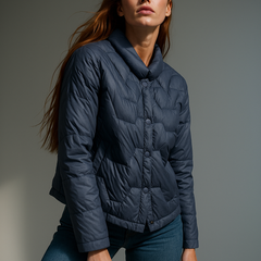 Blue Aurora short quilted puffer jacket for women by Christine Brewer, featuring a stylish, insulated design for cold weather.