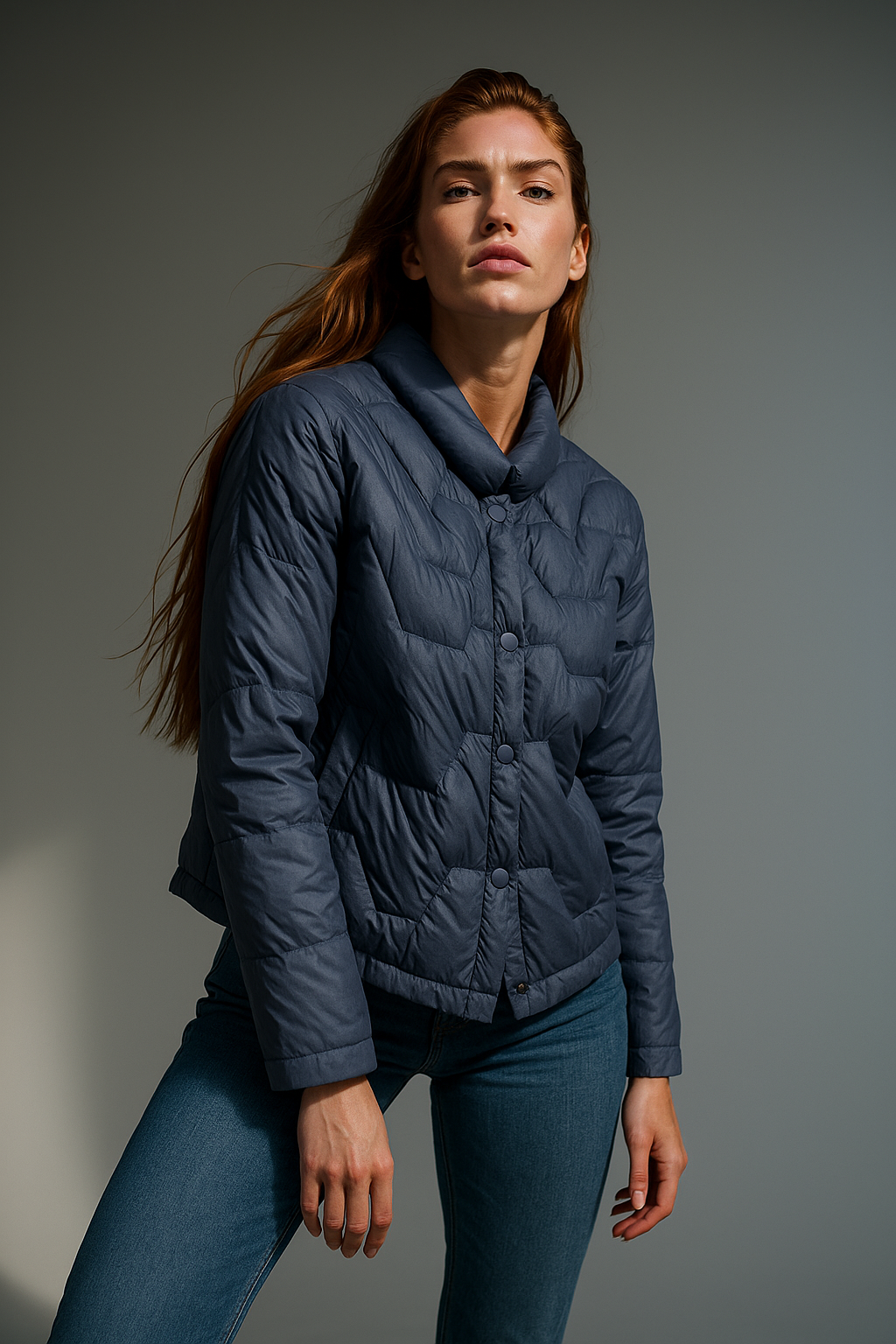 Blue Aurora short quilted puffer jacket for women by Christine Brewer, featuring a stylish, insulated design for cold weather.