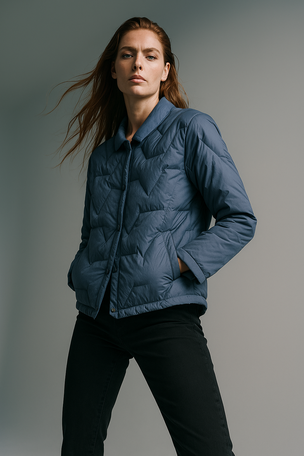 Blue Aurora short quilted puffer jacket for women by Christine Brewer, featuring a stylish, insulated design with a high collar.