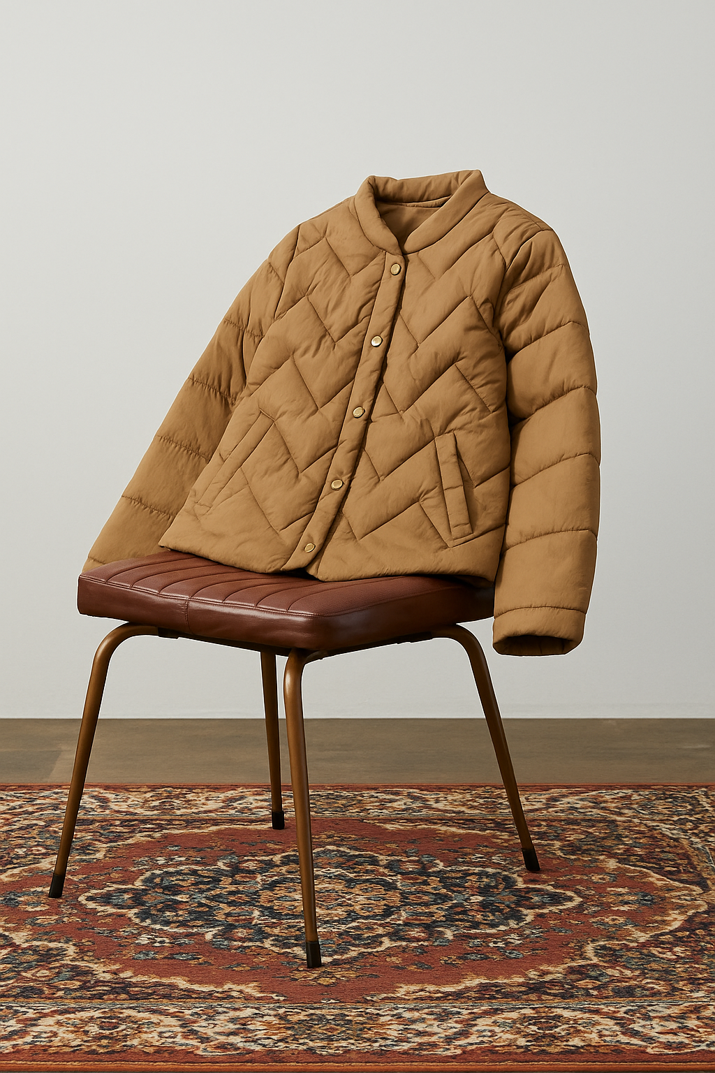 Aurora short quilted puffer jacket for women by Christine Brewer, shown in a stylish shot highlighting its quilted design and cozy fit.