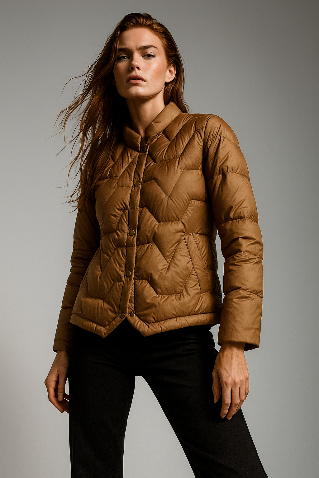 Brown Aurora quilted puffer jacket for women by Christine Brewer, short design with quilted stitching and cozy insulated look.