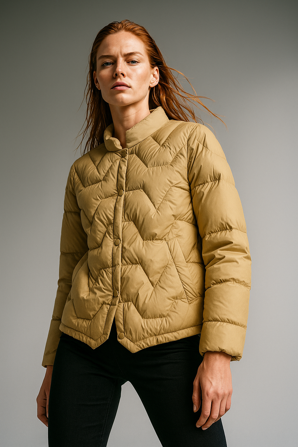 Beige Aurora short quilted puffer jacket for women by Christine Brewer, shown with a fitted, padded design and stand-up collar.