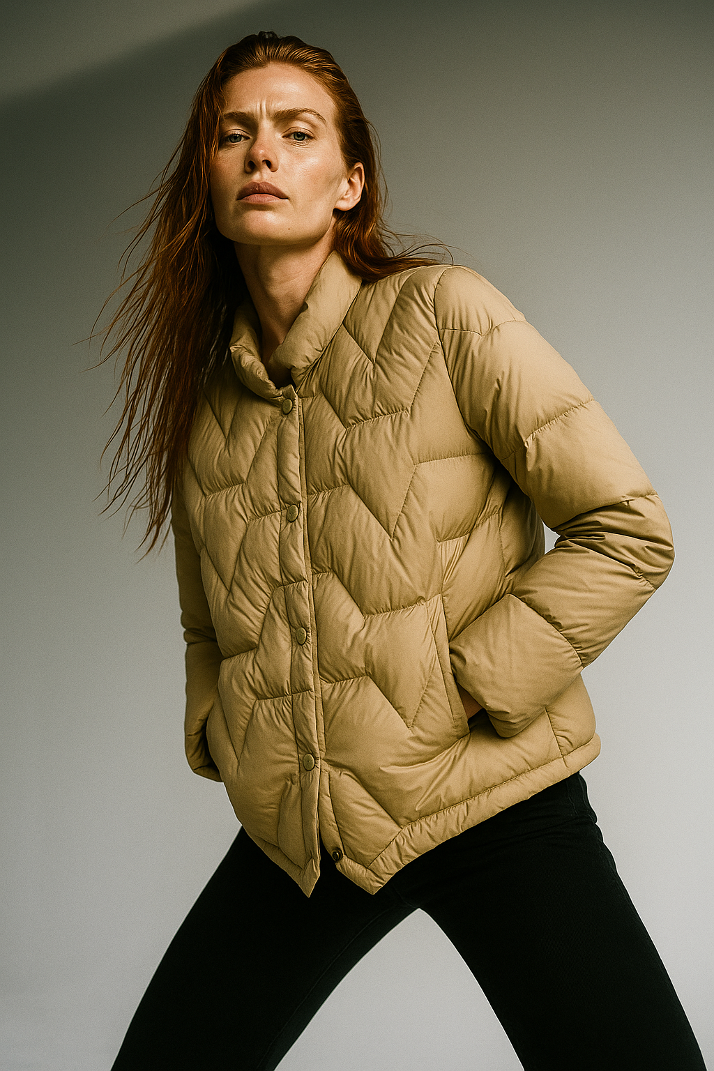 Beige Aurora short quilted puffer jacket for women by Christine Brewer, featuring a stylish, insulated design with a stand collar.