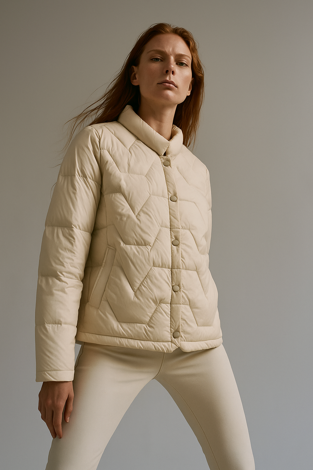 Ivory short quilted puffer jacket for women by Christine Brewer, featuring a stylish and warm design with a quilted exterior.