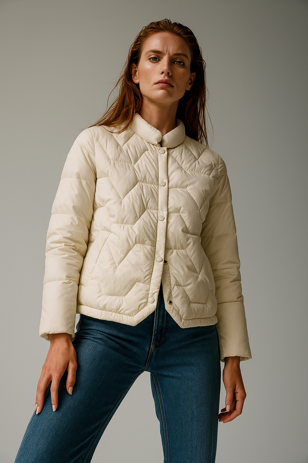Ivory short quilted puffer jacket for women by Christine Brewer, featuring a warm, padded design and stylish fit.