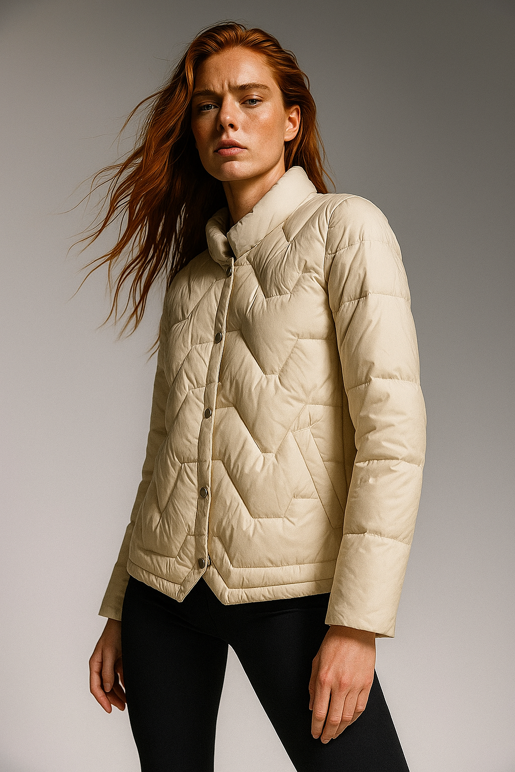 Ivory short quilted puffer jacket for women by Christine Brewer, featuring a stylish and warm design with a quilted pattern.
