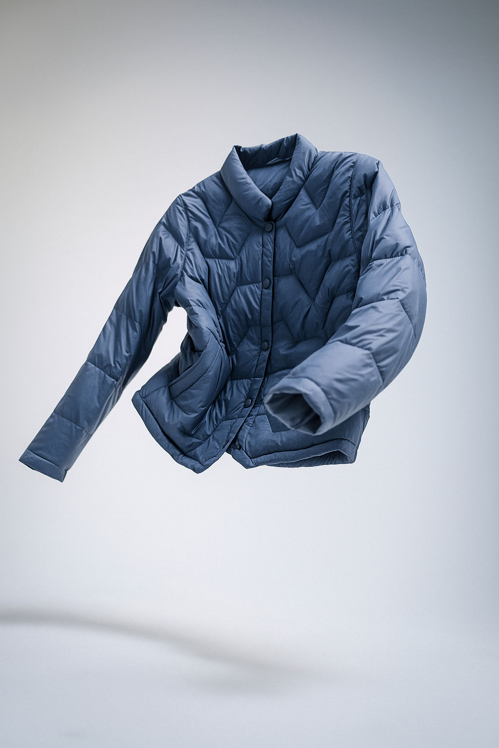 Floating blue Christine Brewer Aurora short quilted puffer jacket for women, lightweight and stylish outerwear.