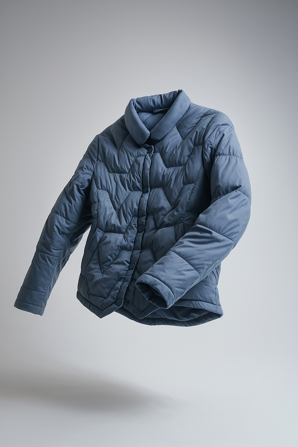 Floating blue women's quilted puffer jacket by Christine Brewer, short style with a quilted design and padded insulation.