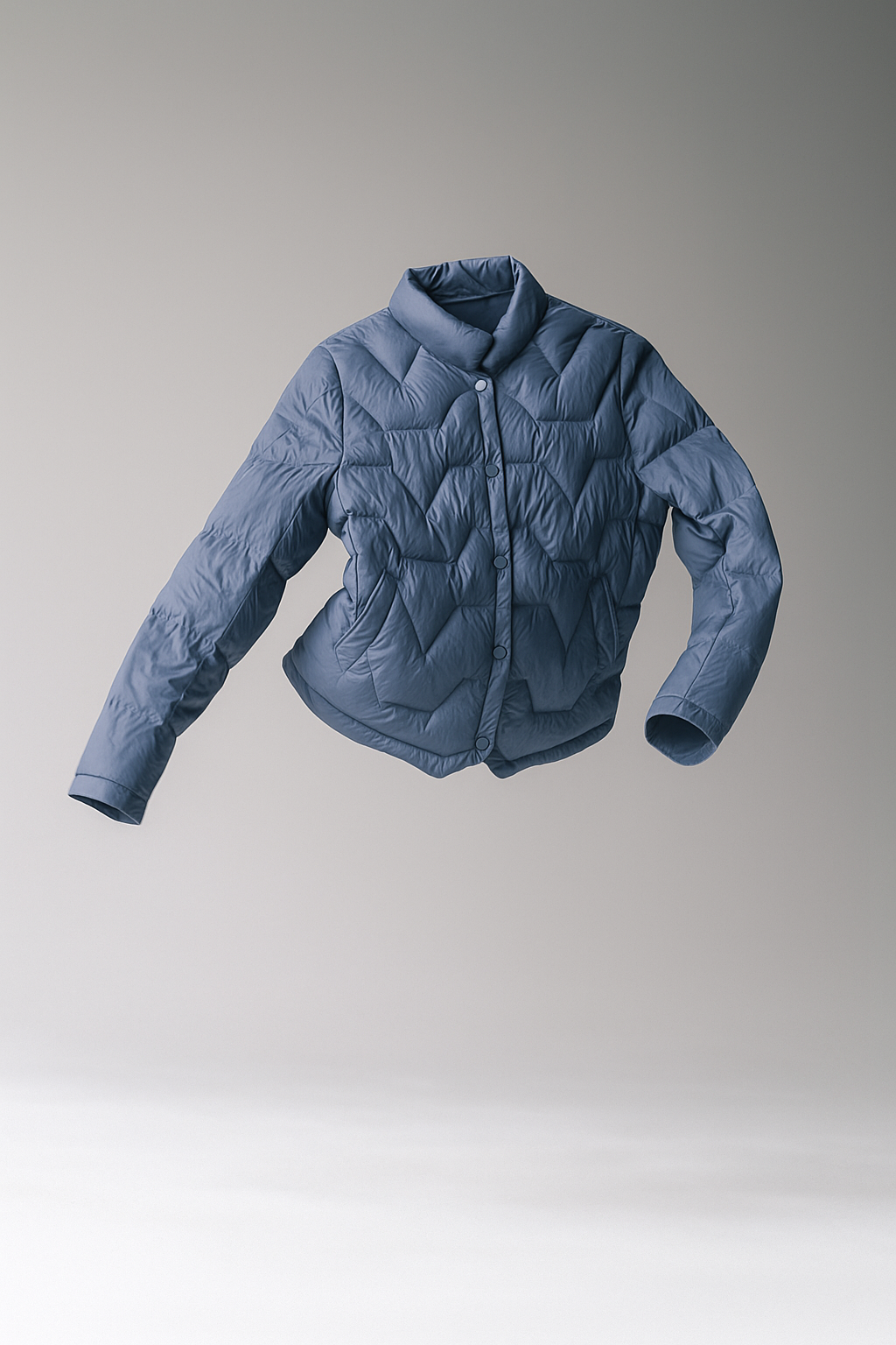 Christine Brewer Aurora short quilted puffer jacket for women in floating blue, featuring lightweight quilted design and stand collar.