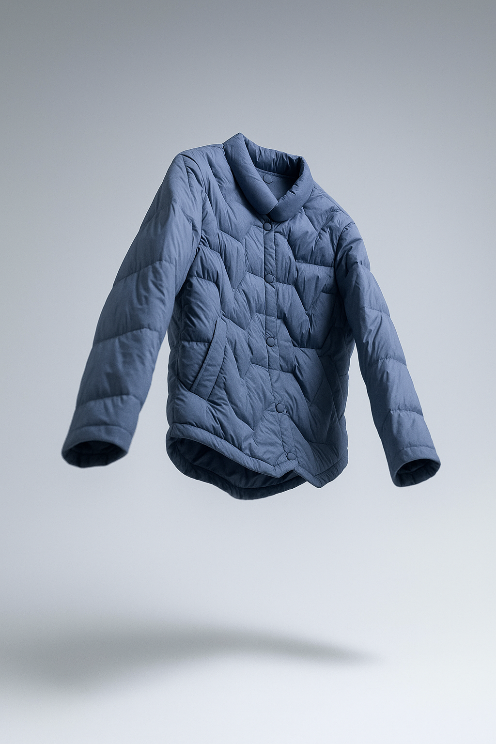 Floating blue quilted puffer jacket for women by Christine Brewer, featuring short, padded design and cozy insulation.