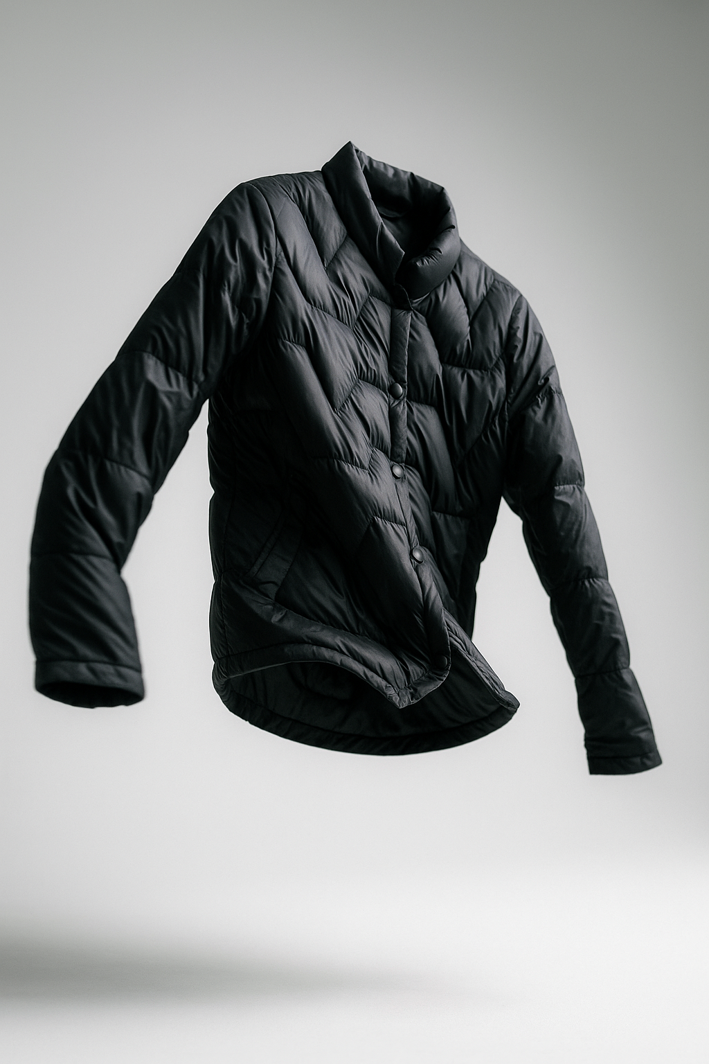 Black short quilted puffer jacket for women by Christine Brewer, featuring a sleek floating design and lightweight insulation.
