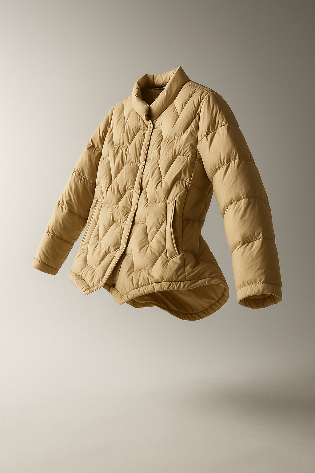 Women’s Aurora short quilted puffer jacket by Christine Brewer, displayed on a floating jacket display against a neutral background.