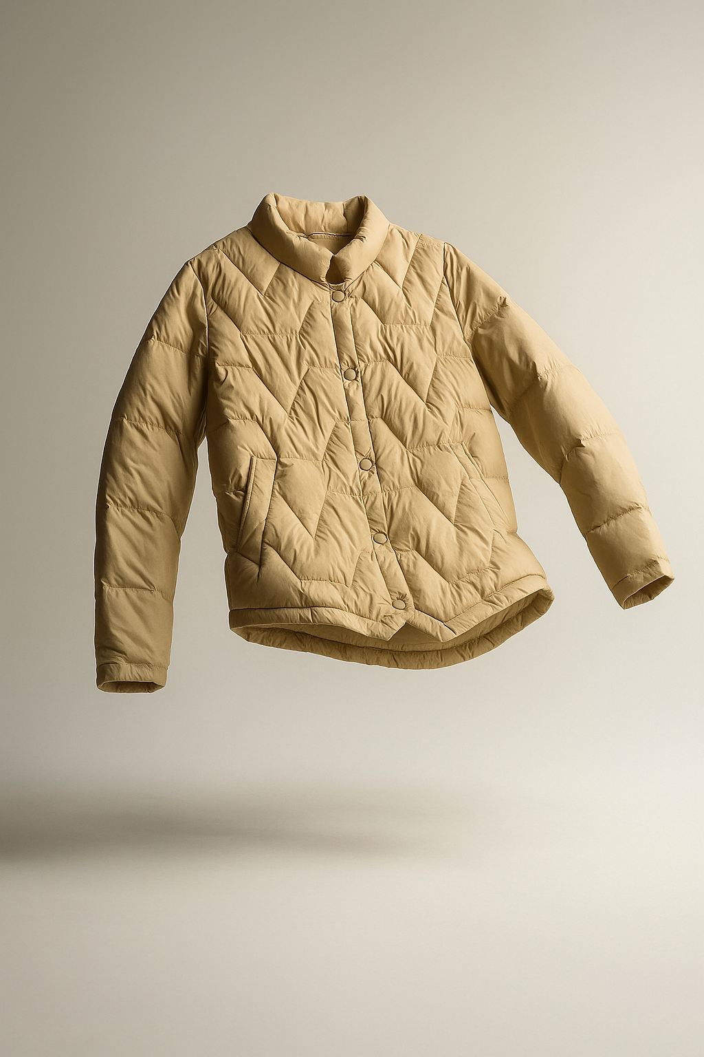 Women's Aurora short quilted puffer jacket by Christine Brewer, shown on display with a floating jacket stand.