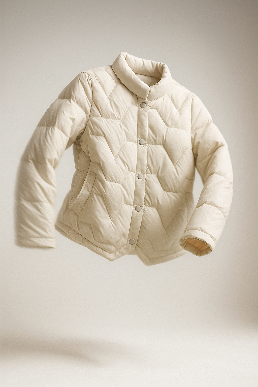 Christine Brewer Aurora short quilted puffer jacket for women, showcasing a stylish, lightweight design with a high collar and quilted texture.