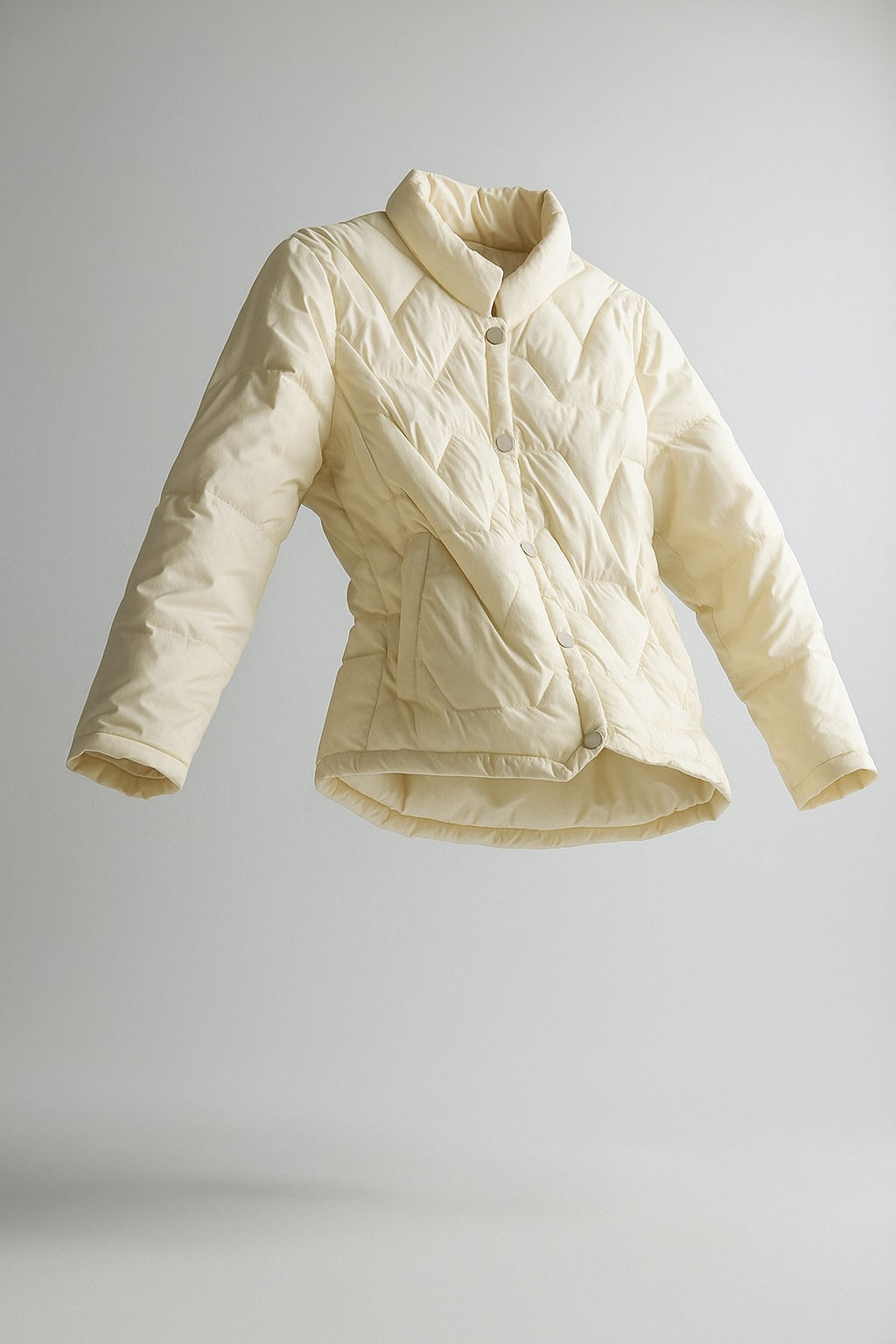 Pink quilted puffer jacket for women by Christine Brewer, featuring a short, stylish design with a sleek floating collar.