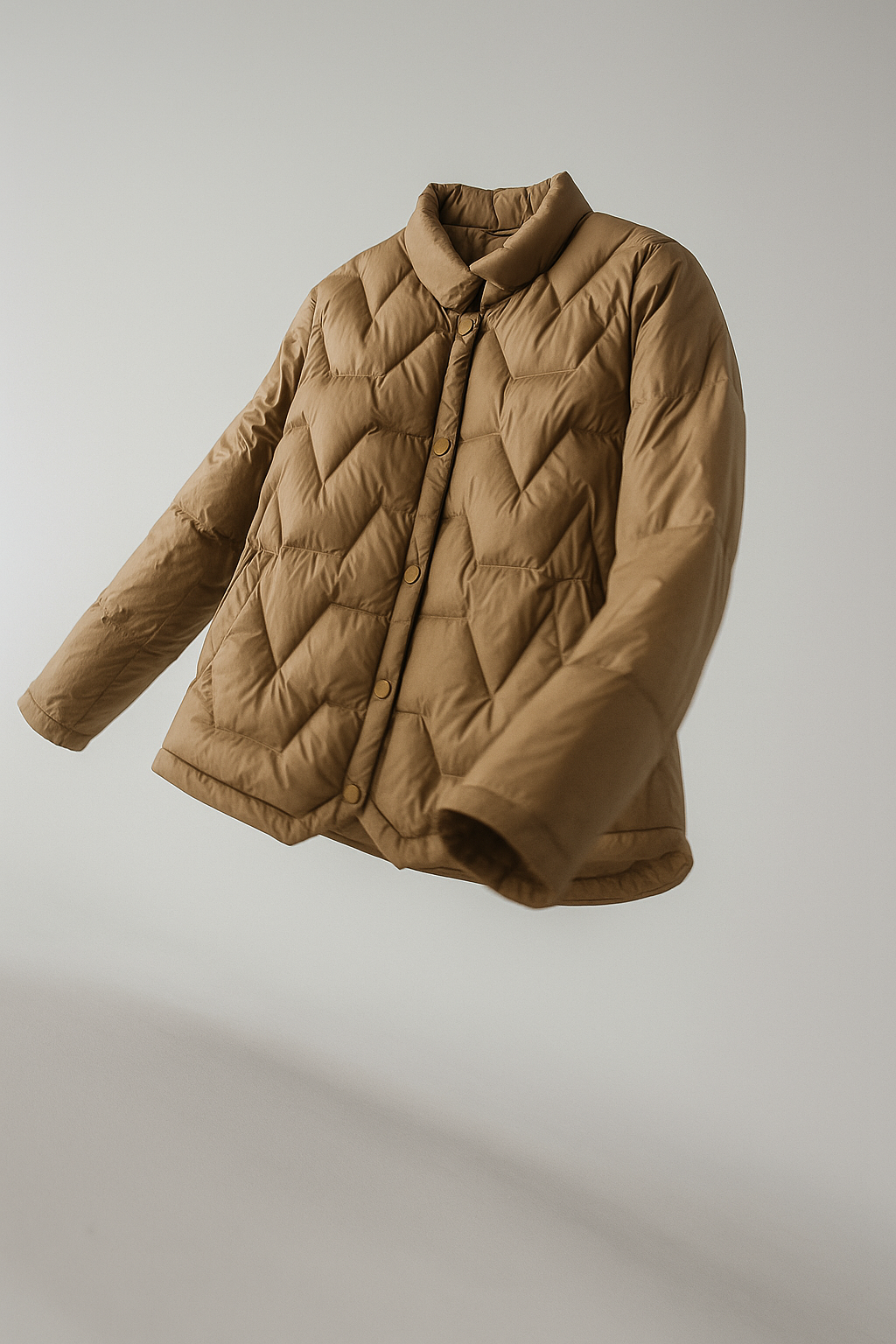 Women's Aurora short quilted puffer jacket by Christine Brewer, lightweight with a shiny, quilted exterior and stand collar.