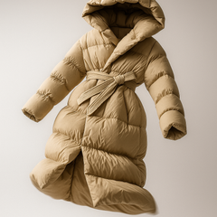 Ella long belted puffer jacket for women by Christine Brewer, featuring a stylish quilted design and belt detail.