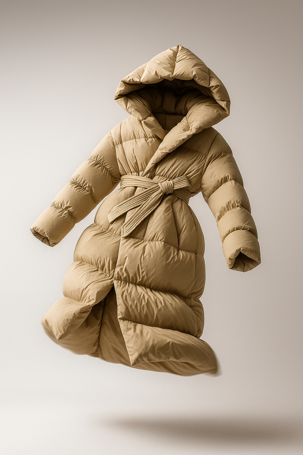 Ella long belted puffer jacket for women by Christine Brewer, featuring a stylish quilted design and belt detail.