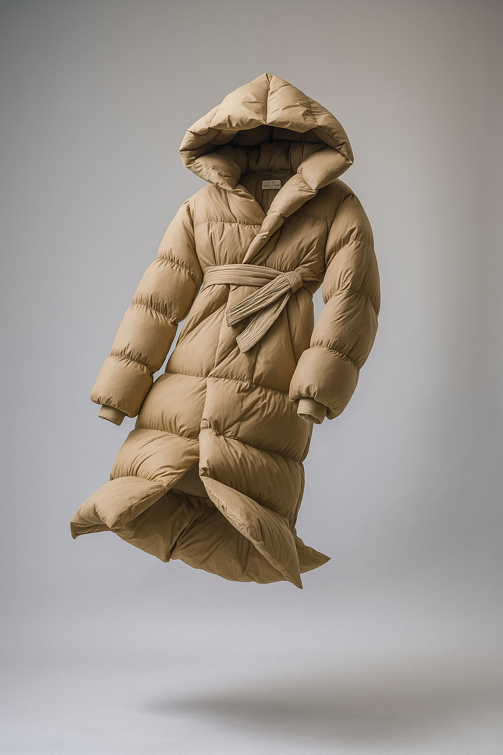 Long belted puffer jacket for women by Christine Brewer, featuring a stylish design and cozy insulation, shown in a sleek black color.