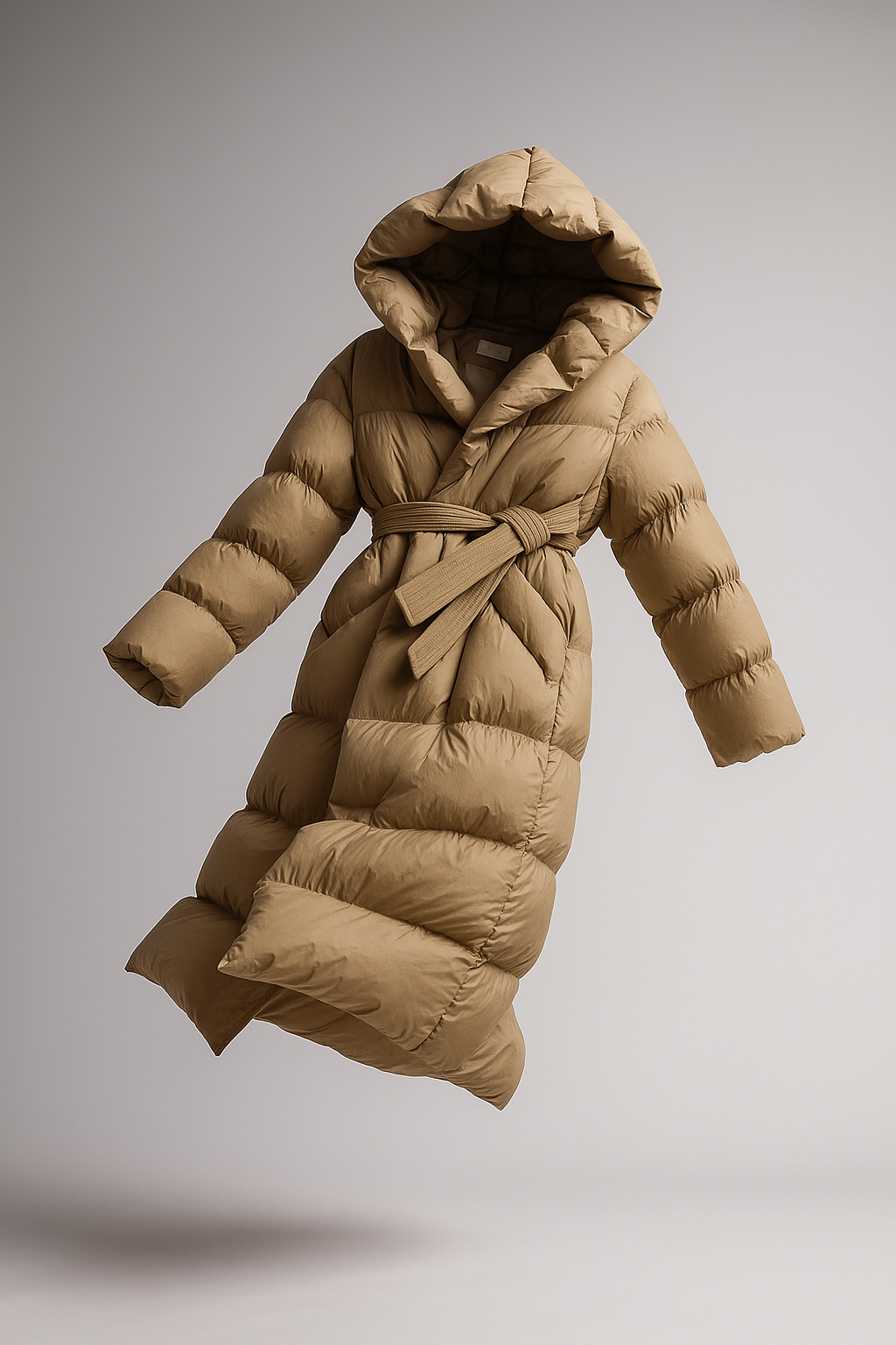Long belted puffer jacket for women by Christine Brewer, featuring a stylish, insulated design with a belt and modern puffer style.