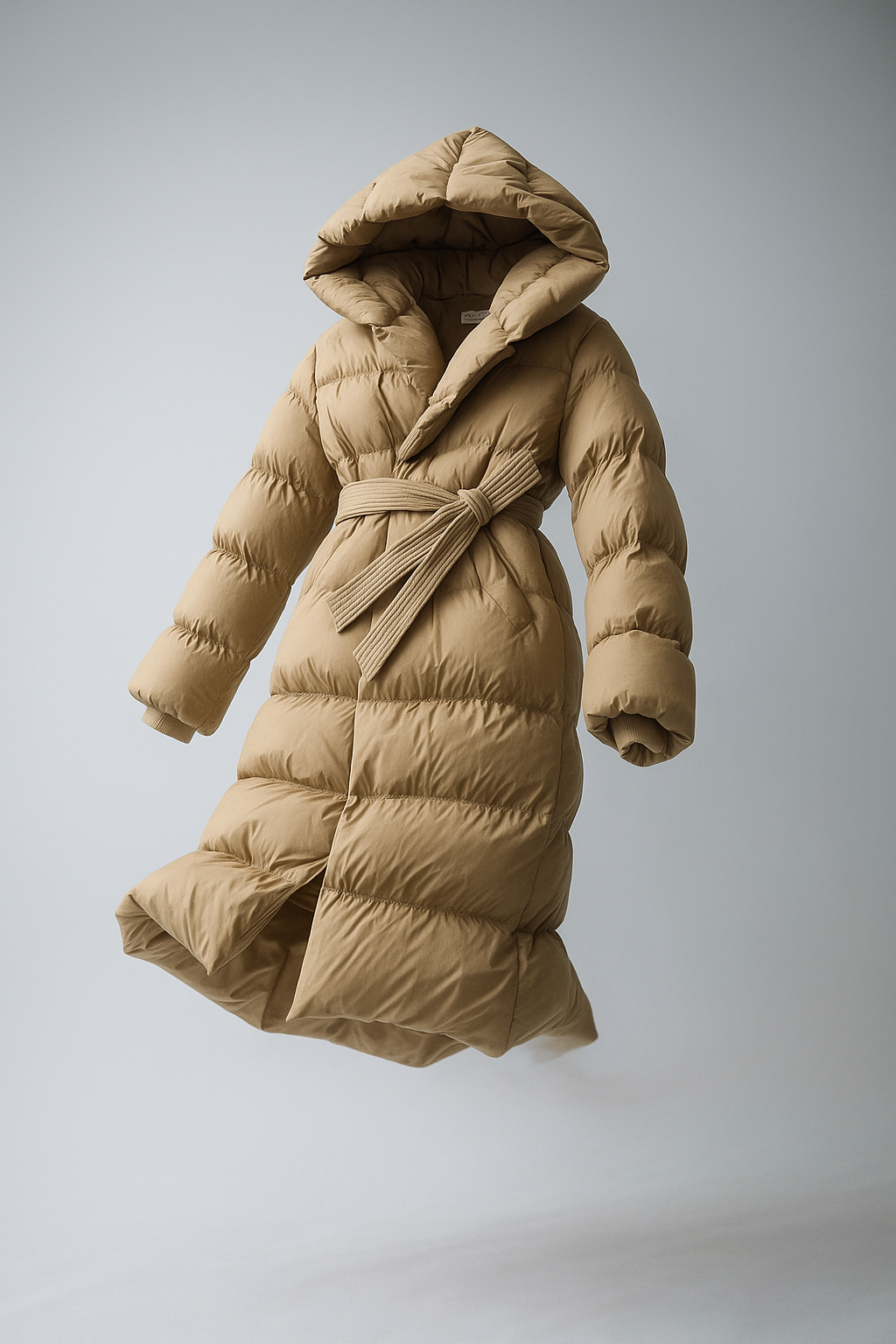 Long belted puffer jacket for women by Christine Brewer, featuring a stylish, insulated design with a belt and modern silhouette.