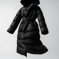 Long black puffer jacket for women with belt from Christine Brewer Ella collection, stylish and insulated outerwear.