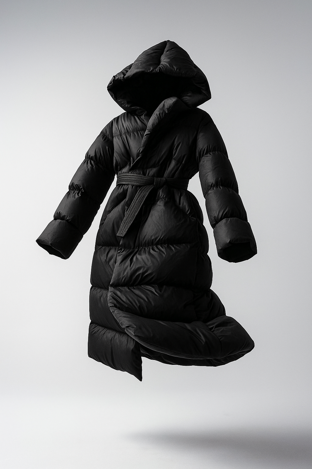 Long black puffer jacket for women with belt from Christine Brewer Ella collection, stylish and insulated outerwear.