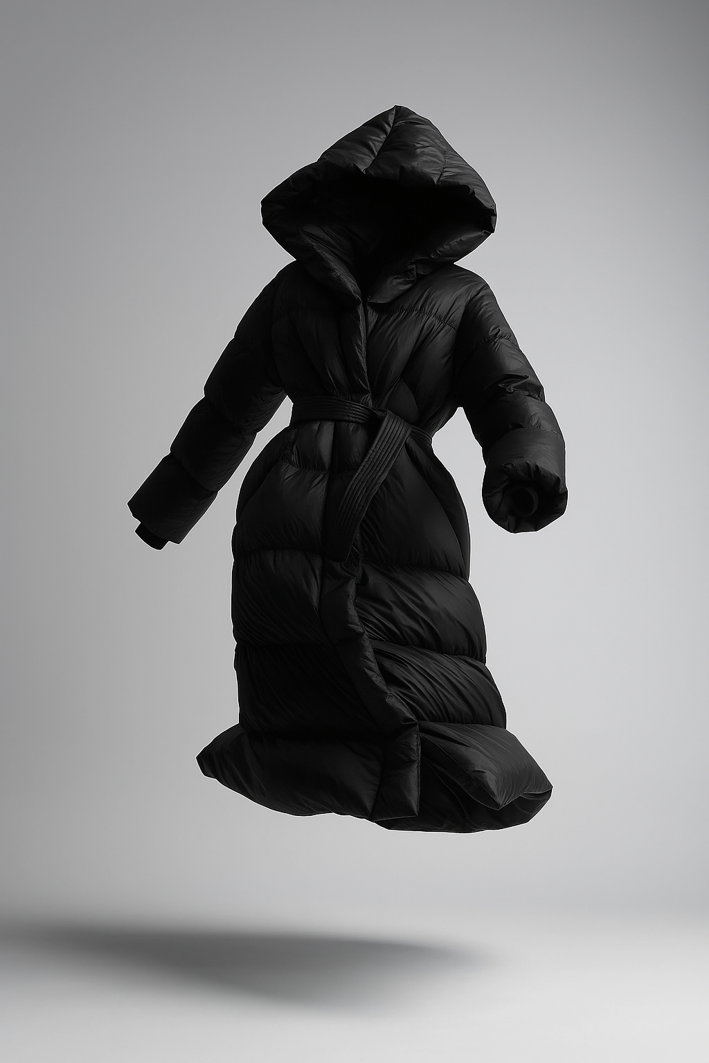Black Ella long belted puffer jacket for women by Christine Brewer, featuring a hood and waist belt, displayed on a mannequin.