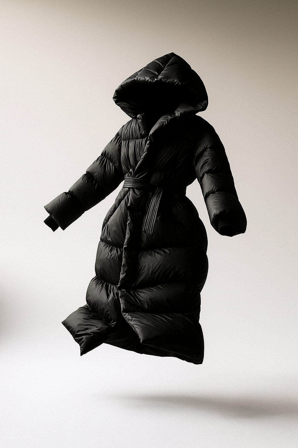 Black long belted puffer jacket for women by Christine Brewer, featuring a stylish floating design and cozy insulation.